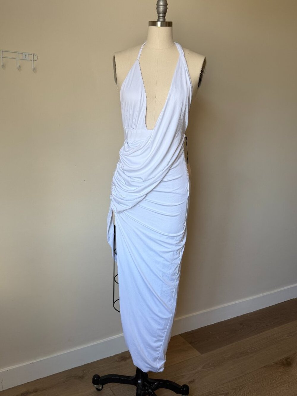 Superdown White Halter Maxi Dress | Deep V Draped Gown | Size M | Wedding Guest - Picture 2 of 8